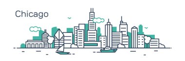 Beyaz arka plan üzerinde vektör illüstrasyon kontur tasarımı manzarası şehir silueti gökdelenler ve metin Chicago ile izole