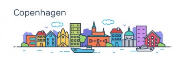 illüstrasyon kontur Tasarım renkli manzarası şehir silueti gökdelenler ve beyaz arka plan üzerinde izole metin Kopenhag ile vektör