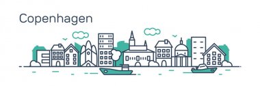 vektör illüstrasyon kontur tasarımı yeşil manzarası şehir silueti gökdelenler ve beyaz arka plan üzerinde izole metin Kopenhag ile
