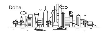 vektör illüstrasyon kontur tasarımı manzarası şehir silueti gökdelenler ve beyaz arka plan üzerinde izole metin Doha