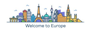 vektör illüstrasyon kontur Tasarım renkli manzarası şehir silueti gökdelenler ve metin ile birlikte Avrupa'ya beyaz arka plan üzerinde izole hoş geldiniz