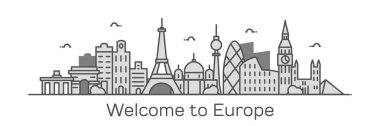 vektör illüstrasyon kontur tasarım manzarası şehir silueti gökdelenler ve metin ile birlikte Avrupa'ya beyaz arka plan üzerinde izole hoş geldiniz