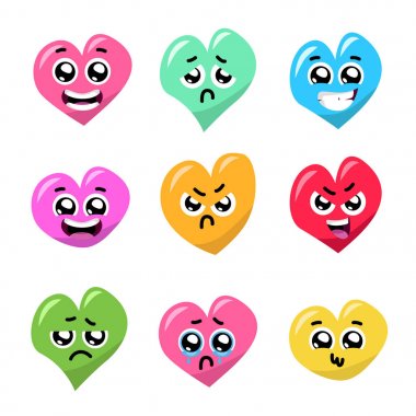 vektör çizim tasarım şirin komik kalpleri duygular ve büyük gözlü. İfadeler veya emoji Set