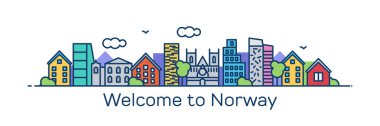 vektör illüstrasyon kontur tasarım manzarası şehir silueti gökdelenler ve metin ile beyaz arka plan üzerinde izole Norveç'e hoş geldiniz