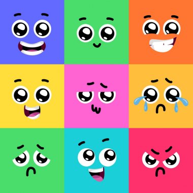 vektör çizim tasarım şirin komik duygular iri gözlü. İfadeler veya emoji Set