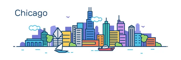 矢量图描边城市剪影的设计与摩天大楼和文本芝加哥在白色背景下隔离 — 图库矢量图片