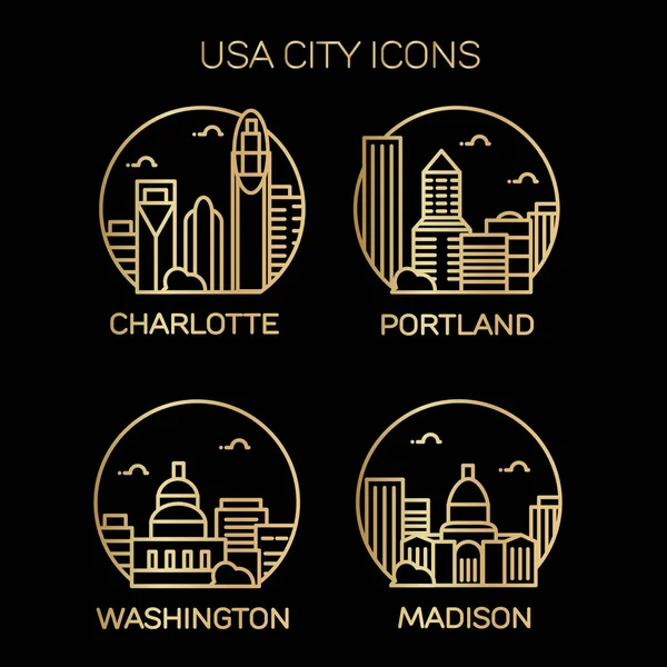 Vector Illustration Stroke Design Skyline Silhouette Usa City Icons Black — Stock Vector