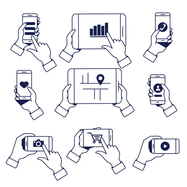 Diseño Ilustración Vectorial Manos Humanas Utilizando Tabletas Digitales Fondos Móviles — Vector de stock