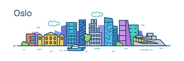 Vektor Illustration Strichentwurf Der Farbigen Skyline Stadtsilhouette Mit Wolkenkratzern Und — Stockvektor