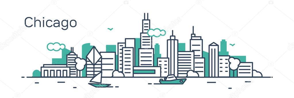 vector illustration stroke design of skyline city silhouette with skyscrapers and text Chicago isolated on white background