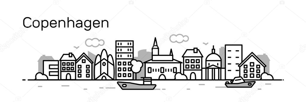 vector illustration stroke design of skyline city silhouette with skyscrapers and text Copenhagen isolated on white background