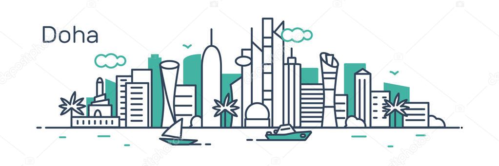 vector illustration stroke design of skyline city silhouette with skyscrapers and text Doha isolated on white background