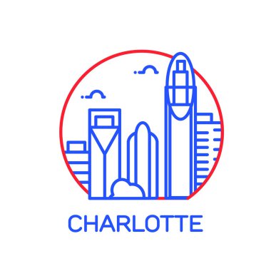 Beyaz arka plan üzerinde vektör illüstrasyon kontur tasarımı manzarası şehir silueti gökdelenler ve metin Charlotte ile izole