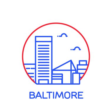 Beyaz arka plan üzerinde vektör illüstrasyon kontur tasarımı manzarası şehir silueti gökdelenler ve metin Baltimore ile izole
