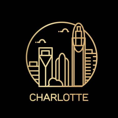 vektör illüstrasyon kontur tasarımı manzarası şehir silueti gökdelenler ve siyah arka plan üzerinde metin Charlotte ile 