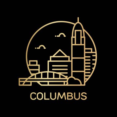 vektör illüstrasyon kontur tasarımı manzarası şehir silueti gökdelenler ve siyah arka plan üzerinde metin Columbus