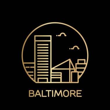vektör illüstrasyon kontur tasarımı manzarası şehir silueti gökdelenler ve siyah arka plan üzerinde metin Baltimore 