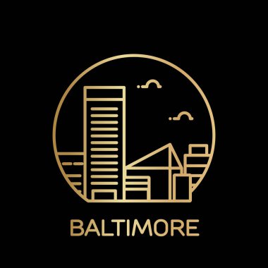 vektör illüstrasyon kontur tasarımı manzarası şehir silueti gökdelenler ve siyah arka plan üzerinde metin Baltimore 