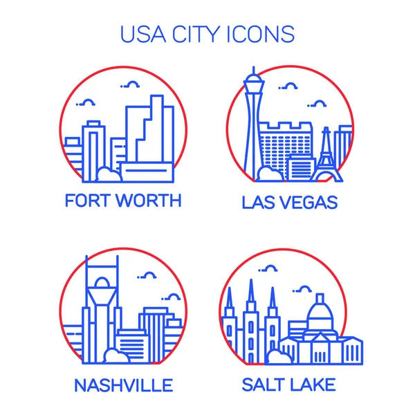 Vector Illustration Stroke Design Skyline Silhouette Usa City Icons Isolated — Stock Vector