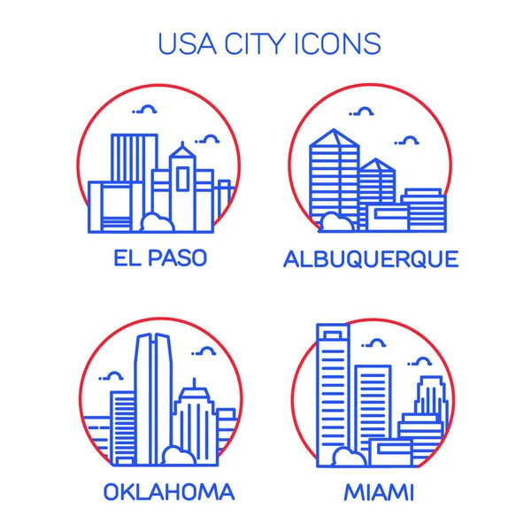 Vector Illustration Stroke Design Skyline Silhouette Usa City Icons Isolated — Stock Vector