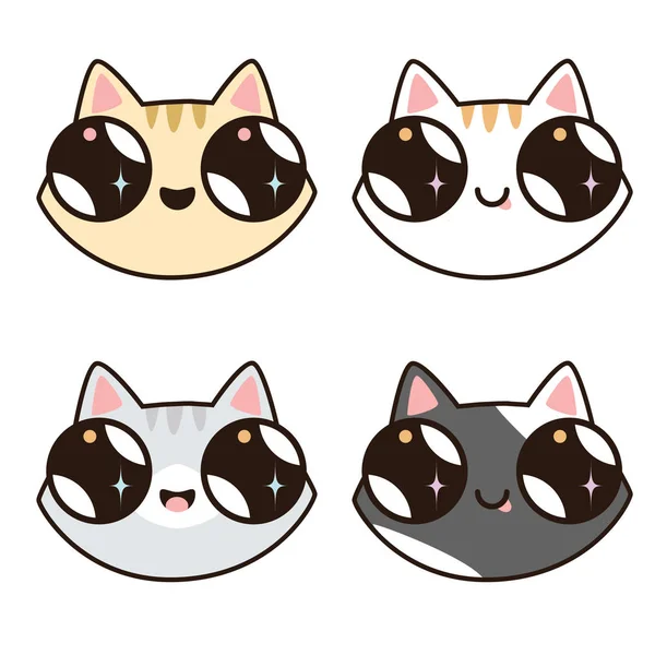 4 Kawaii kediler kümesi. 4 kedi yüzler