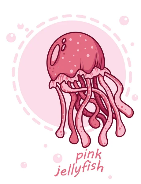 Medusas rosadas de dibujos animados en el fondo rosa del círculo. tarjeta con gelatina rosa — Archivo Imágenes Vectoriales