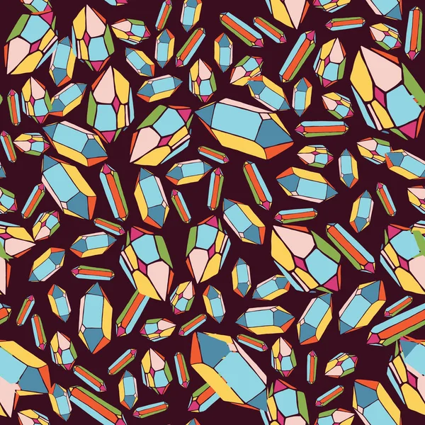 Muster mit mehrfarbigen Kristallen. viele Kristalle auf schwarzem Hintergrund — Stockvektor