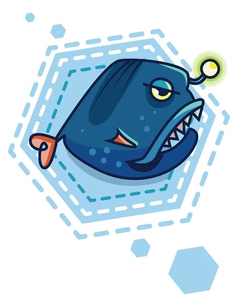 Peces azules sobre fondo geométrico. dibujos animados mar diablo — Vector de stock