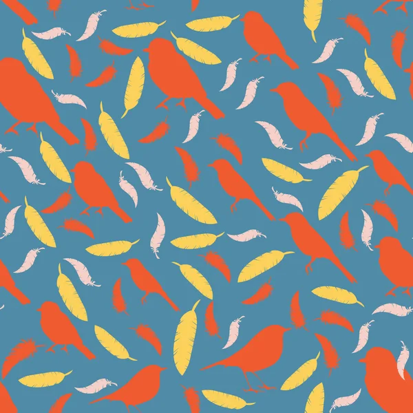 Seamless mönster med fåglar och fjädrar. färgade silhuetter av fåglar och feath — Stock vektor