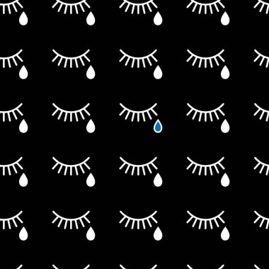 Ağlama. Gözyaşları ve kirpik ile Seamless modeli. Düz doğrusal model. Siyah bir zemin üzerine beyaz kirpikler