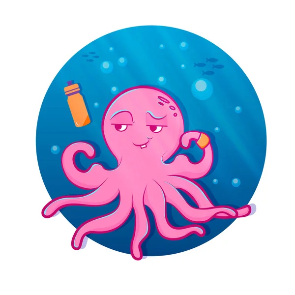 Pulpo de dibujos animados rosa. Lindo pulpo haciendo deportes bajo el agua — Vector de stock