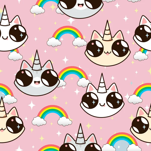 Katten eenhoorns en een regenboog. Unicorn katten op een roze achtergrond. — Stockvector