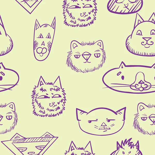 Pola mulus dengan kucing. doodle cats. wajah lucu kucing - Stok Vektor