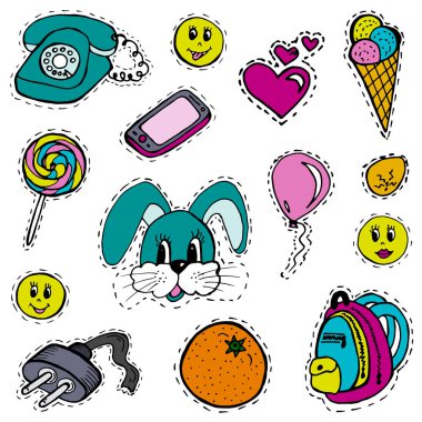 Moda Etiketler, rozetleri kümesi. Her nesneyi ayrı bir katmana. Çıkartmalar, iğne, yamalar