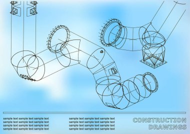 Çizimler yapıları. Borular ve boru. 3D planı çelik yapıları. Kapak, tasarımınız için arka plan. Beyaz ve mavi