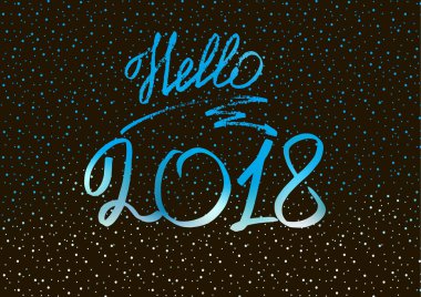 Merhaba 2018. Yeni yıl 2018. Yılbaşı tebrik kartı, kapak, banner. Kar sürüklenir. Yılbaşı ışıkları. Kar. Holografik