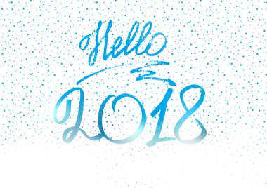 Merhaba 2018. Yeni yıl 2018. Yılbaşı tebrik kartı, kapak, banner. Kar sürüklenir. Yılbaşı ışıkları. Kar. Beyaz holografik