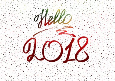 Merhaba 2018. Yeni yıl 2018. Yılbaşı tebrik kartı, kapak, banner. Kar. Beyaz holografik