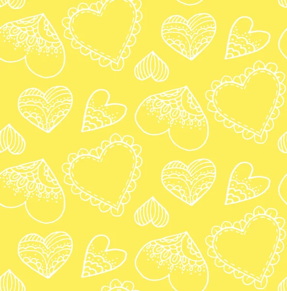 可爱的无缝模式 嘟嘟的心 轮廓图 一颗心 情人节 黄色背景 — 图库矢量图片