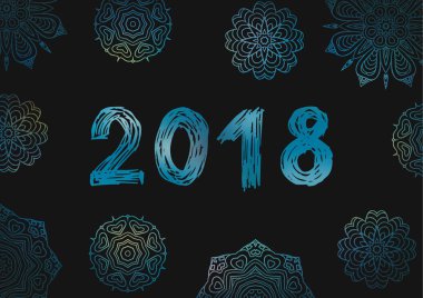 Merhaba 2018. Yeni yıl 2018. Yılbaşı tebrik kartı, kapak, banner. Kar tanesi. Mavi
