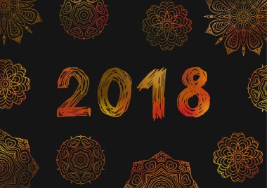 Merhaba 2018. Yeni yıl 2018. Yılbaşı tebrik kartı, kapak, banner. Kar tanesi. Sarı