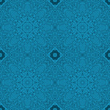 Mandala çizimi doodle. çiçek sorunsuz süsleme. Etnik motifler. Zentangle. Mavi. Vektör