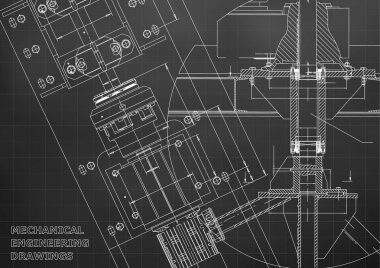 Planları. Makine mühendisliği çizimleri. Teknik tasarım. Kapak. Afiş. Siyah. Kılavuz