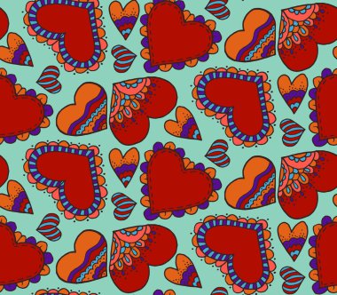 Şirin seamless modeli. Kalp. El çizimi. Doodle dekorasyon, tasarım. Seviyorum. Kroki. Mavi arka plan