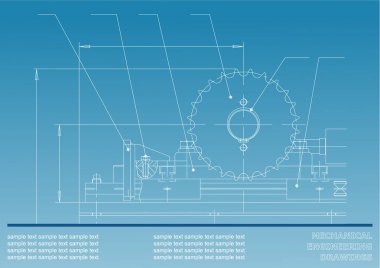 Mekanik çizimler mavi bir arka plan üzerinde. Mühendislik Çizim