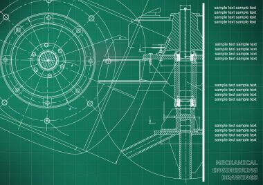 Makine mühendisliği çizimleri. Mühendislik Çizim vektör. Açık yeşil. Kılavuz