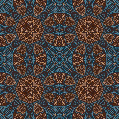 Dikişsiz desen doodle süsleme. Kahverengi ve mavi arka plan. Etnik Zentangl