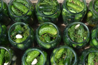 Ev yapımı. Çok doğal. Kış için kuru sıkı. Salamuraya yatırılmış. Kavanozda salatalık. Yatay