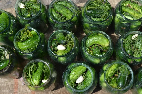 Homemade Blanks Winter Marinated Cucumbers Jars Horizontal — Stock Photo, Image