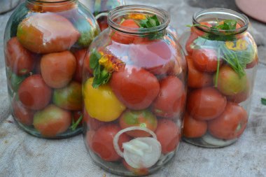 Biber. Baharat. Ev yapımı yemek. Bahçeden doğal ürünler. Köy, kulübe, çiftlik. Lezzetli, sağlıklı. Korumak. Kış için kuru sıkı. Salamuraya yatırılmış. Kavanozlarda kırmızı ve sarı domatesler